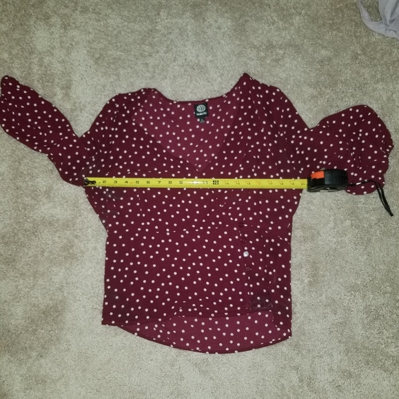 Bobeau Side Button Wrap Blouse Burgundy/Ivory Dot - Picture 11 of 14